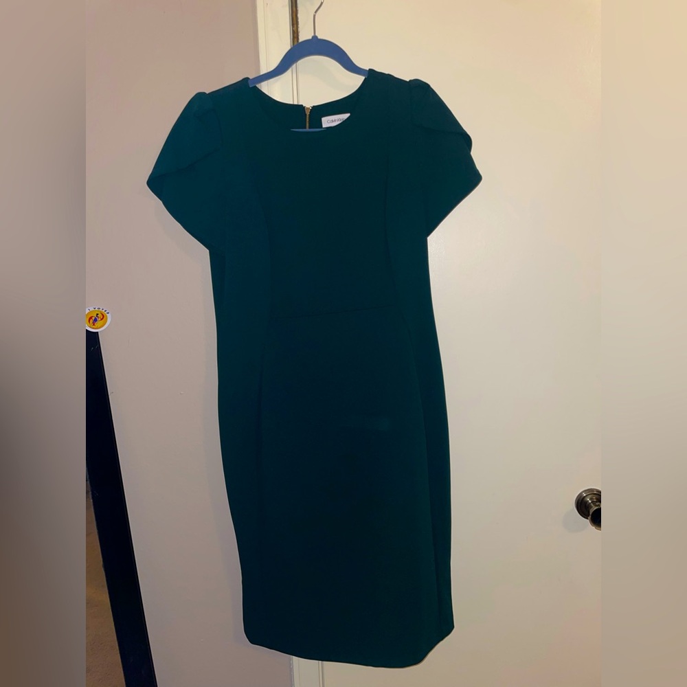 Green Calvin Klein dress 
Tulip Sleeves
